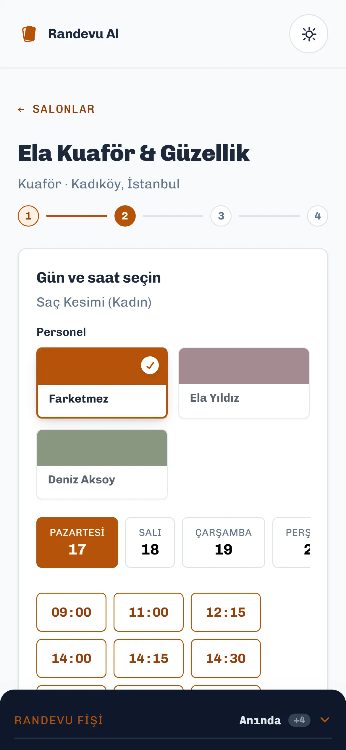 Randevu sayfasında bir sonraki adım: saat seçimi ve randevu fişi.